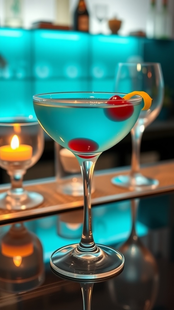 Classic Aviation Cocktail Recipe A classic Aviation cocktail in a coupe glass with cherry and lemon twist garnish, set against a stylish bar background.